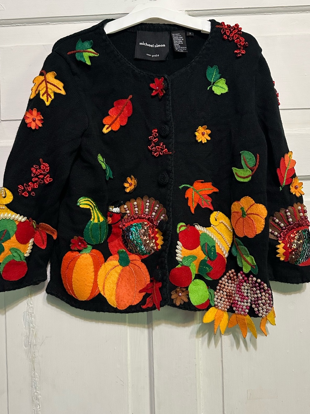 Michael Simon Black Sweater with Colorful Felt Appliqué and Beaded Fringe
